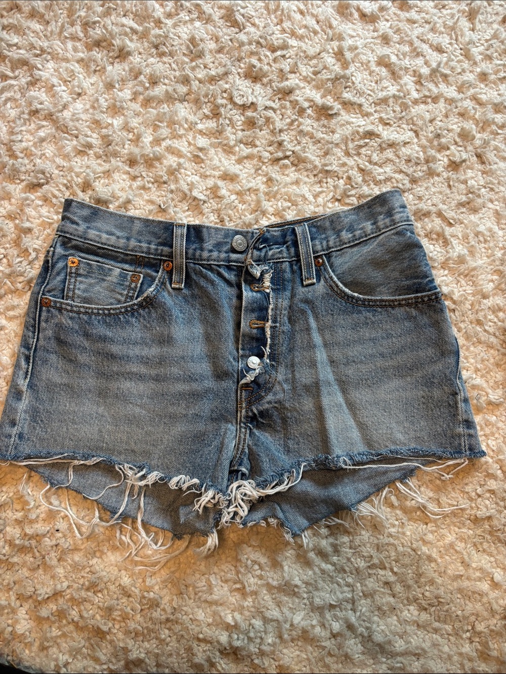 Levi's Light Blue High-Rise Frayed Denim Shorts